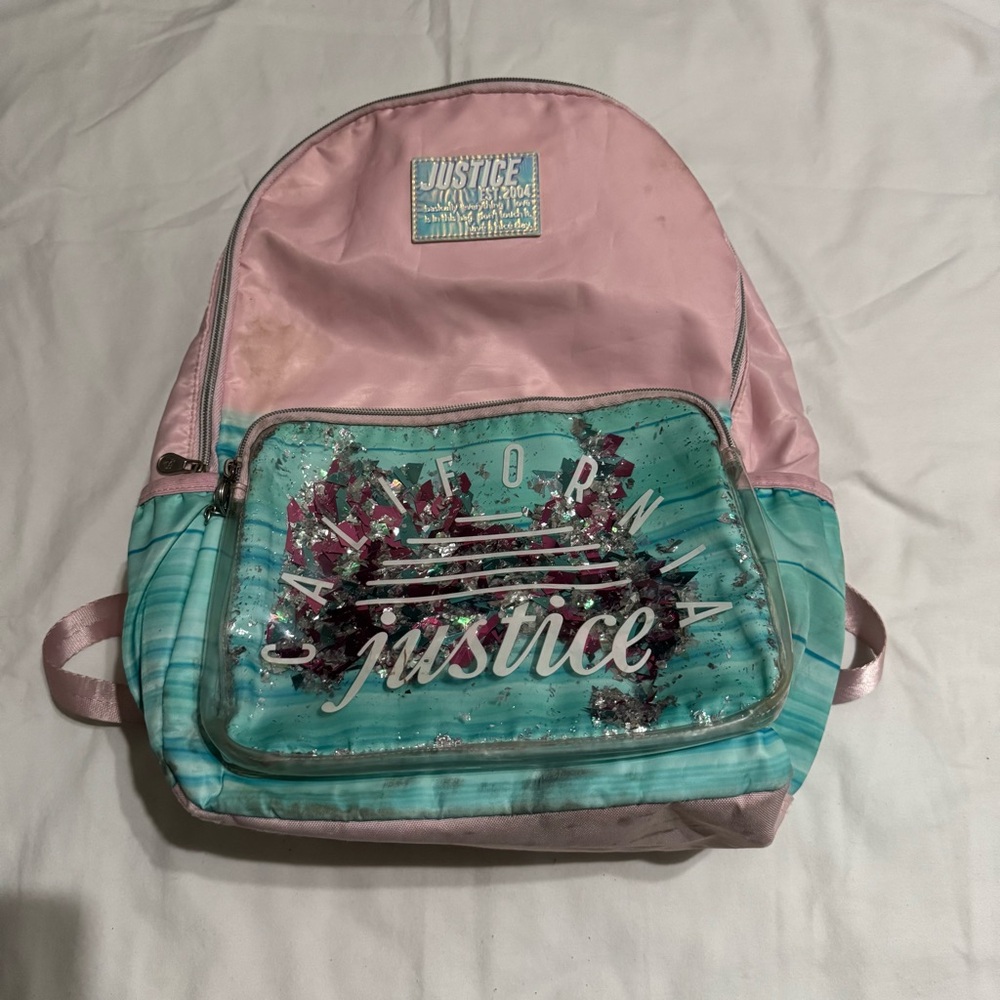 Justice Girls Backpack Pink & Teal | Glitter Confetti Front Pocket | School Bag